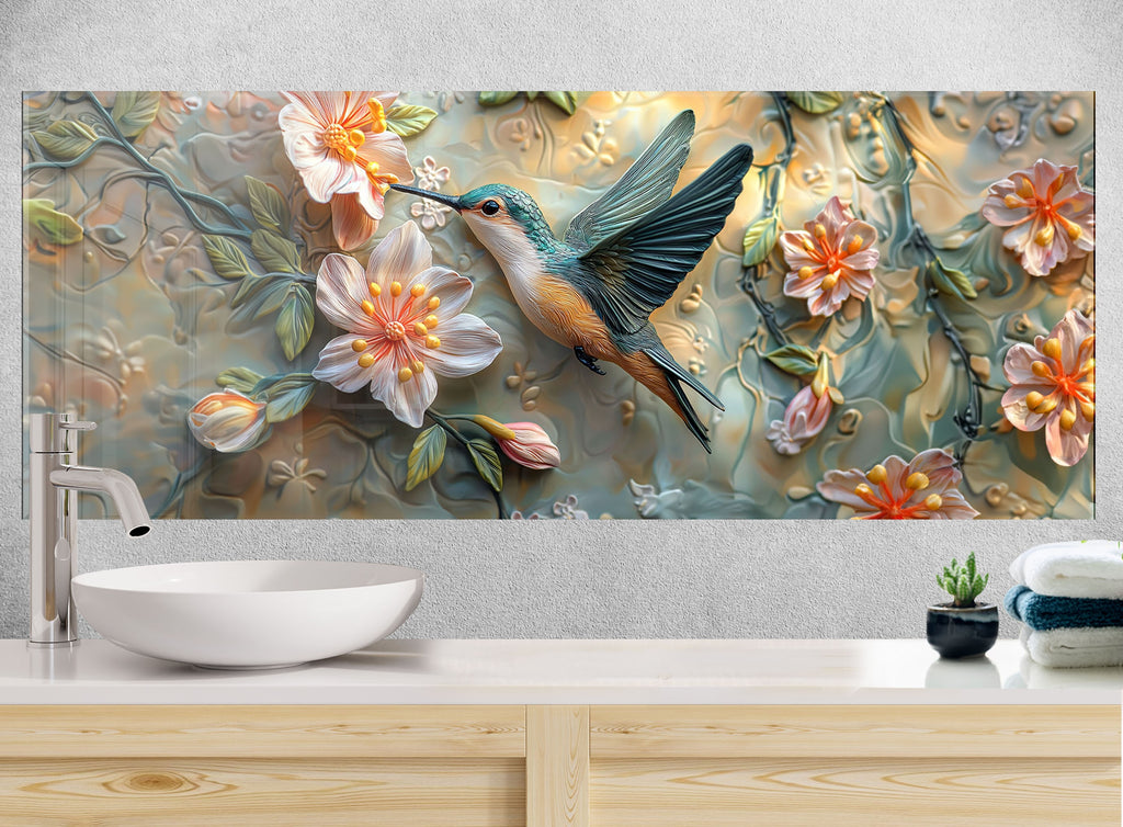 Pastel blossoms and flying hummingbird – stunning glass backsplash for nature lovers.


