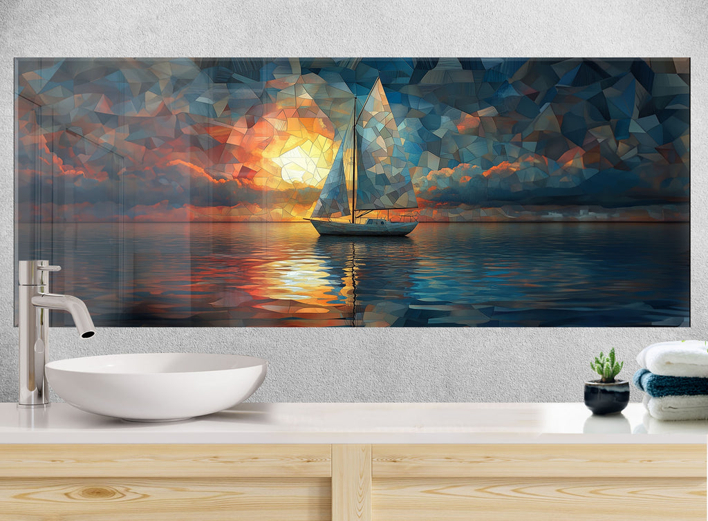 Vivid sailboat and ocean sunset backsplash glass art, creating a bold, elegant focal point for coastal interiors.

