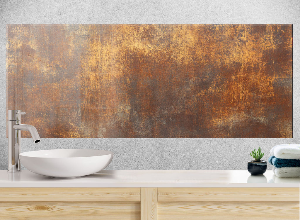 Statement backsplash design with aged steel surface and warm industrial charm.

