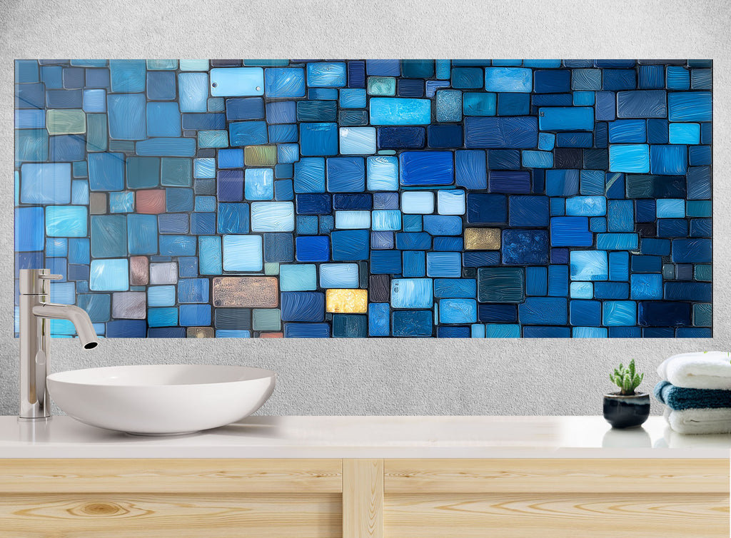 Backsplash glass art featuring vibrant blue mosaic design perfect for contemporary kitchen decor and stylish home upgrades

