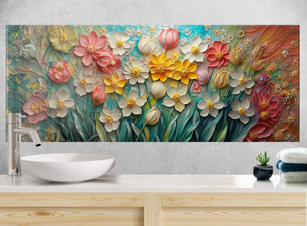 Stunning stained glass floral kitchen backsplash featuring a lively garden scene in vivid, uplifting colors.

