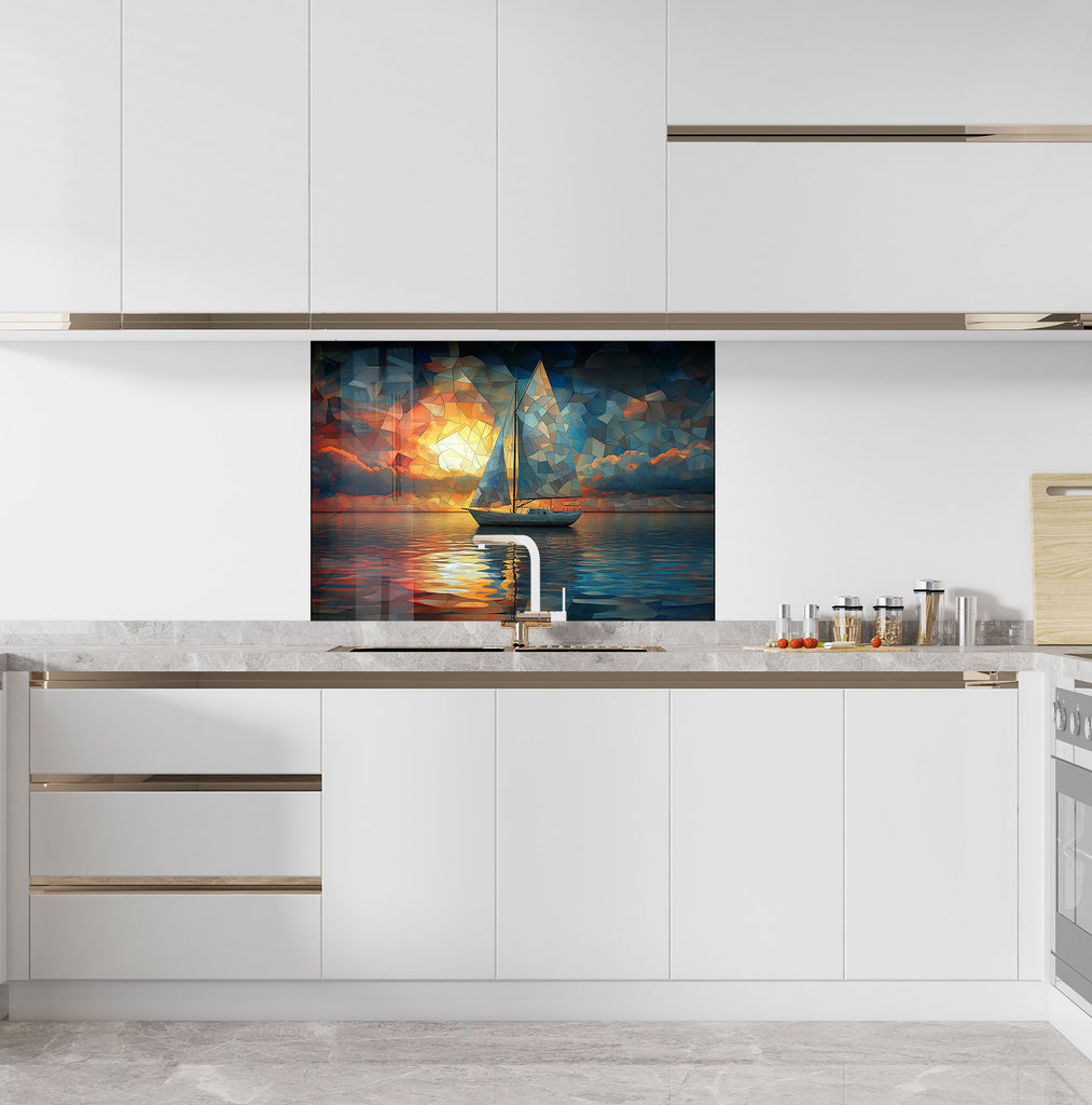 Artistic backsplash glass with sunset sailing scene, designed to bring peace and sophistication to your kitchen.

