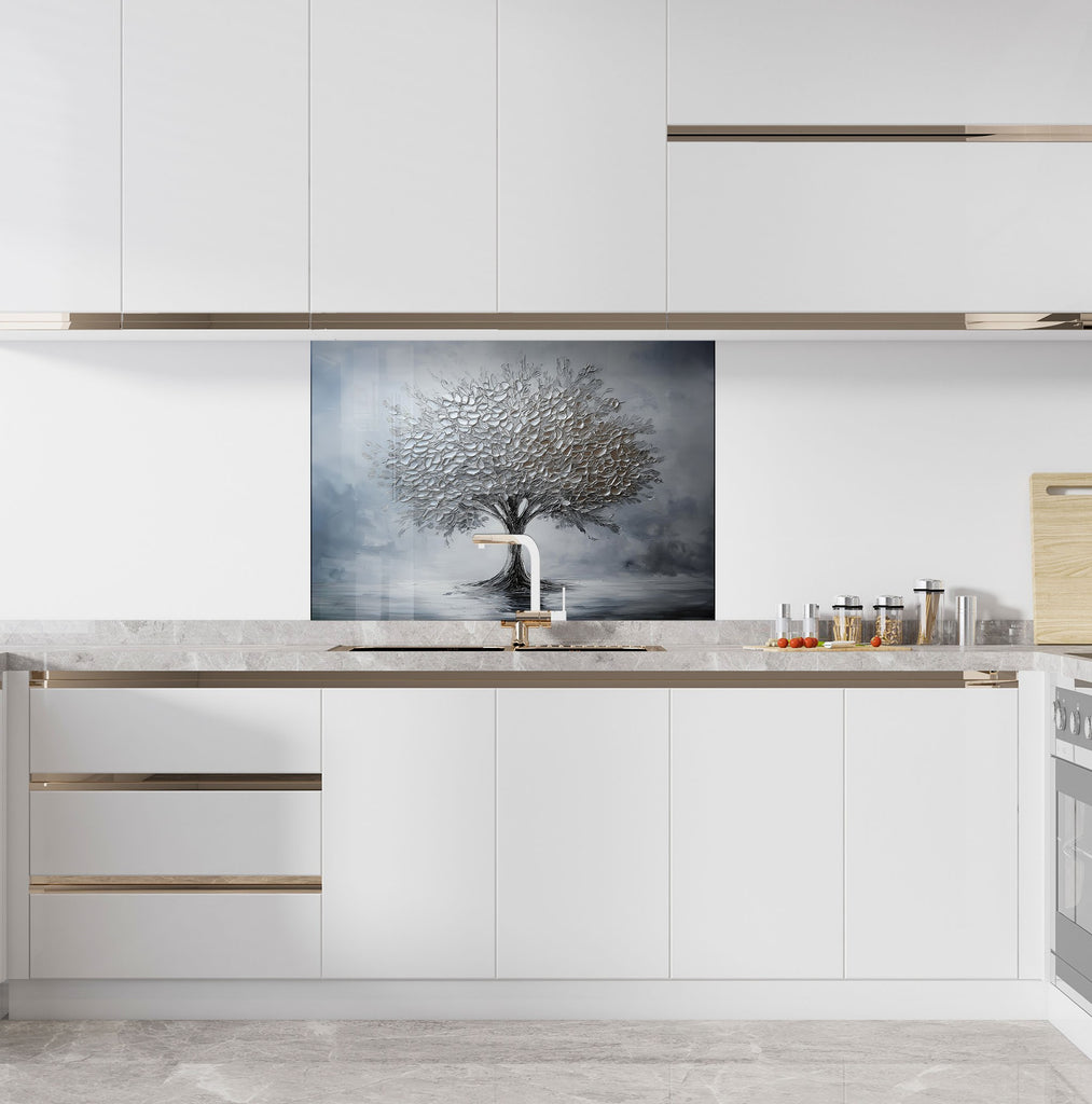 Silver tree of life kitchen backsplash modern metallic textured glass wall art for luxury interior design

