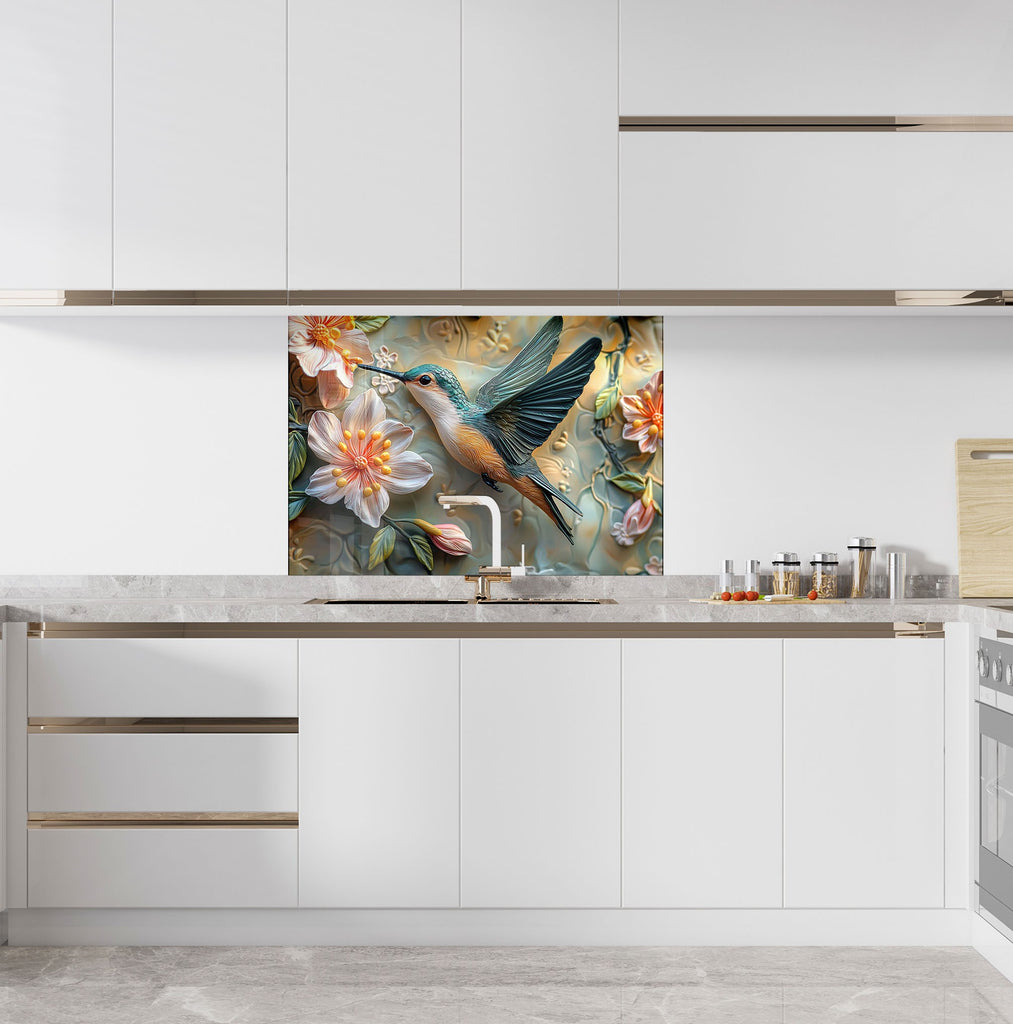 Realistic hummingbird with blooming flowers – lively and fresh kitchen backsplash design.

