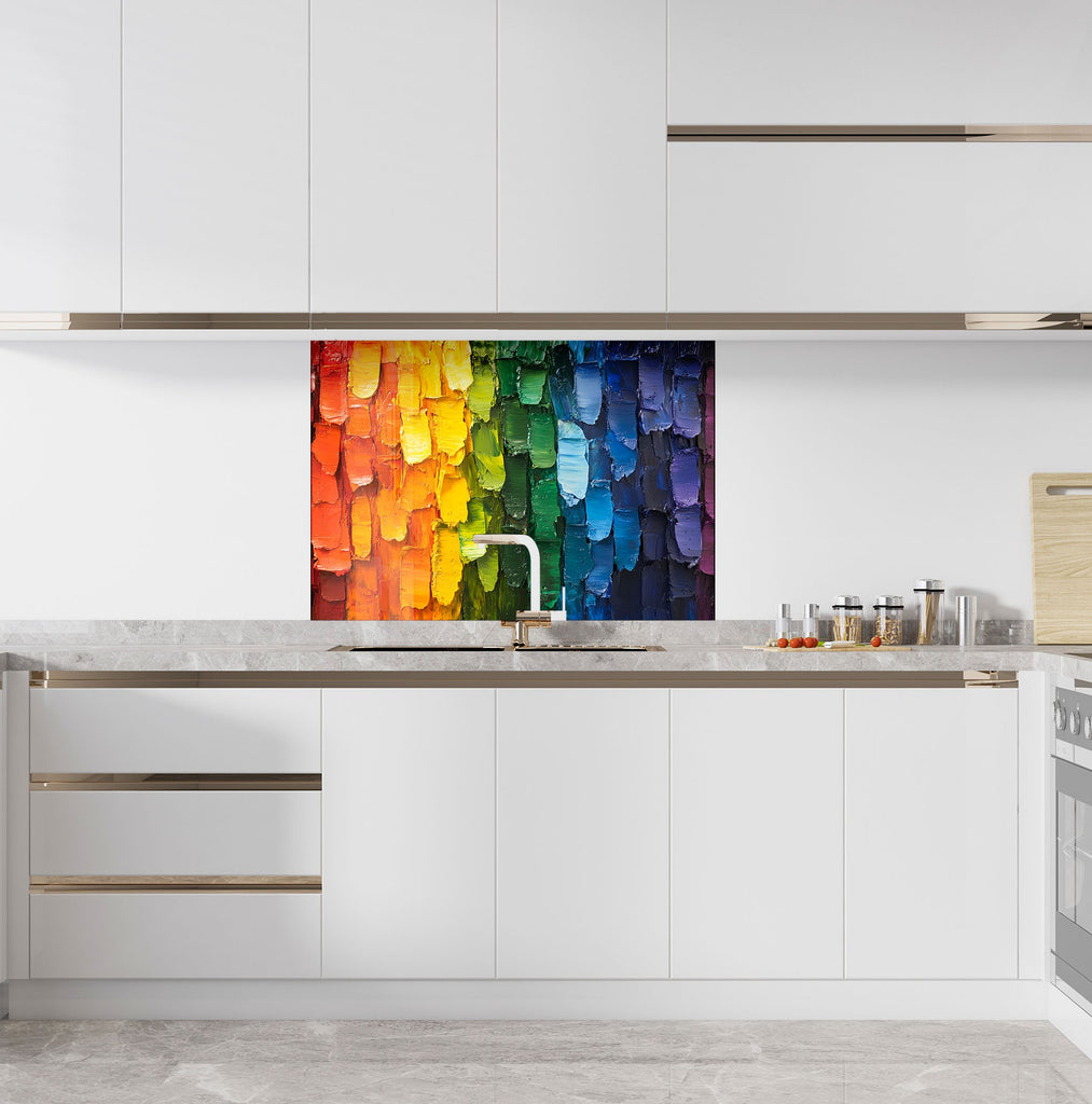 Modern kitchen backsplash with vibrant rainbow colors artistic textured backsplash glass art perfect for contemporary kitchen decor

