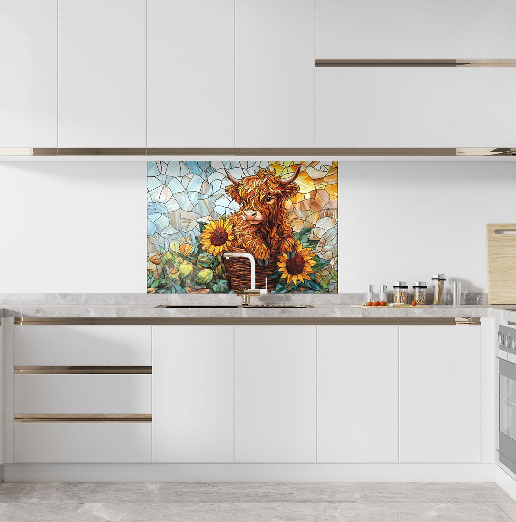 Rustic kitchen backsplash with sunflower and Highland cow design, creating a cheerful and inviting atmosphere.

