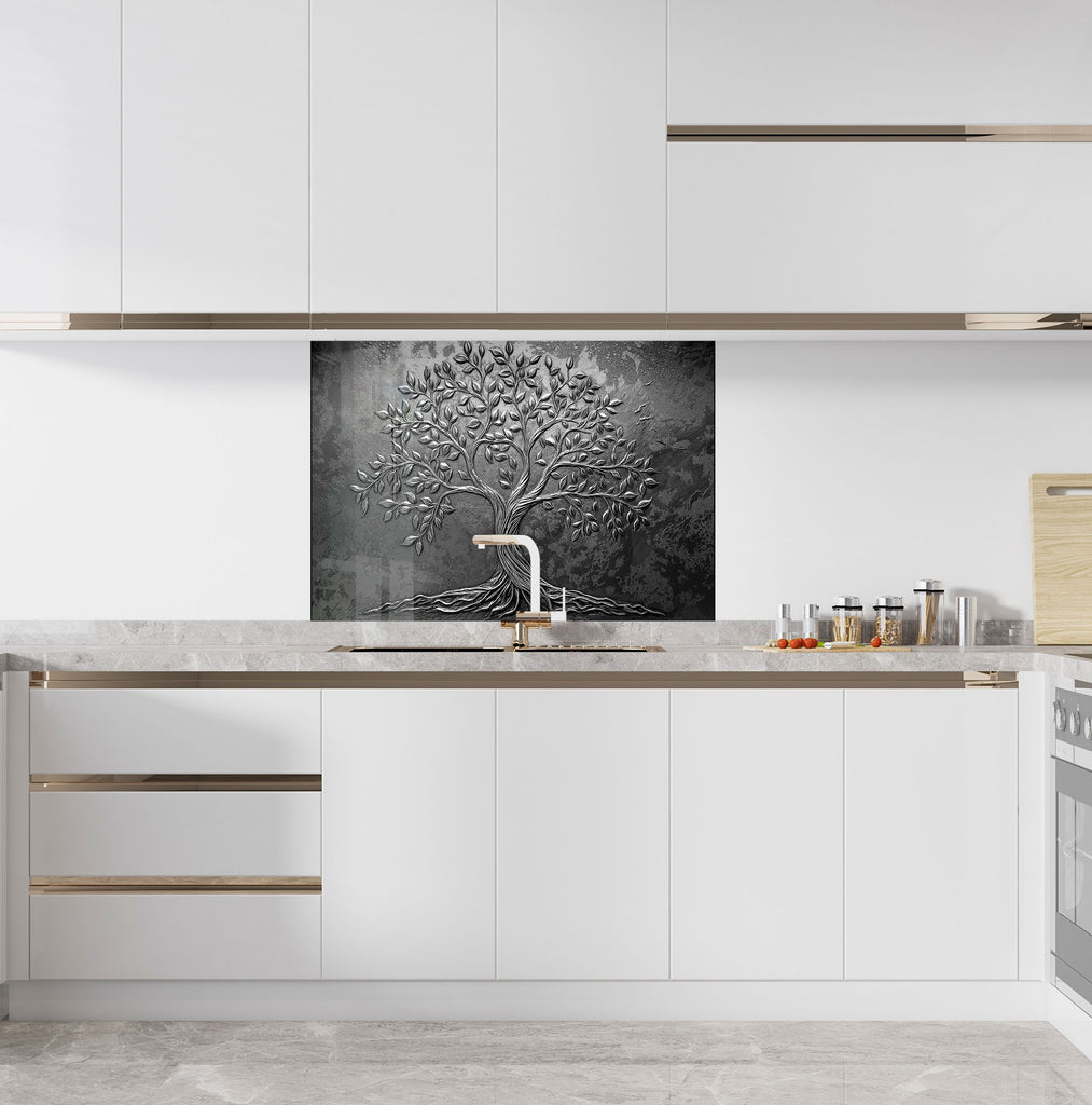Modern kitchen backsplash with black tree of life design sophisticated textured glass wall art for stylish spaces

