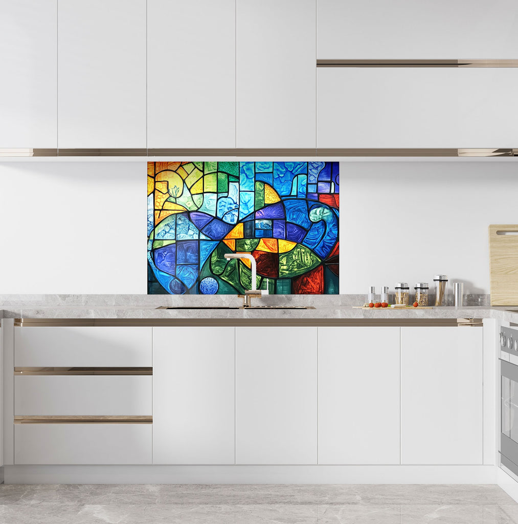 Abstract mosaic backsplash glass art panel featuring dynamic colors and textures perfect for contemporary kitchen renovations

