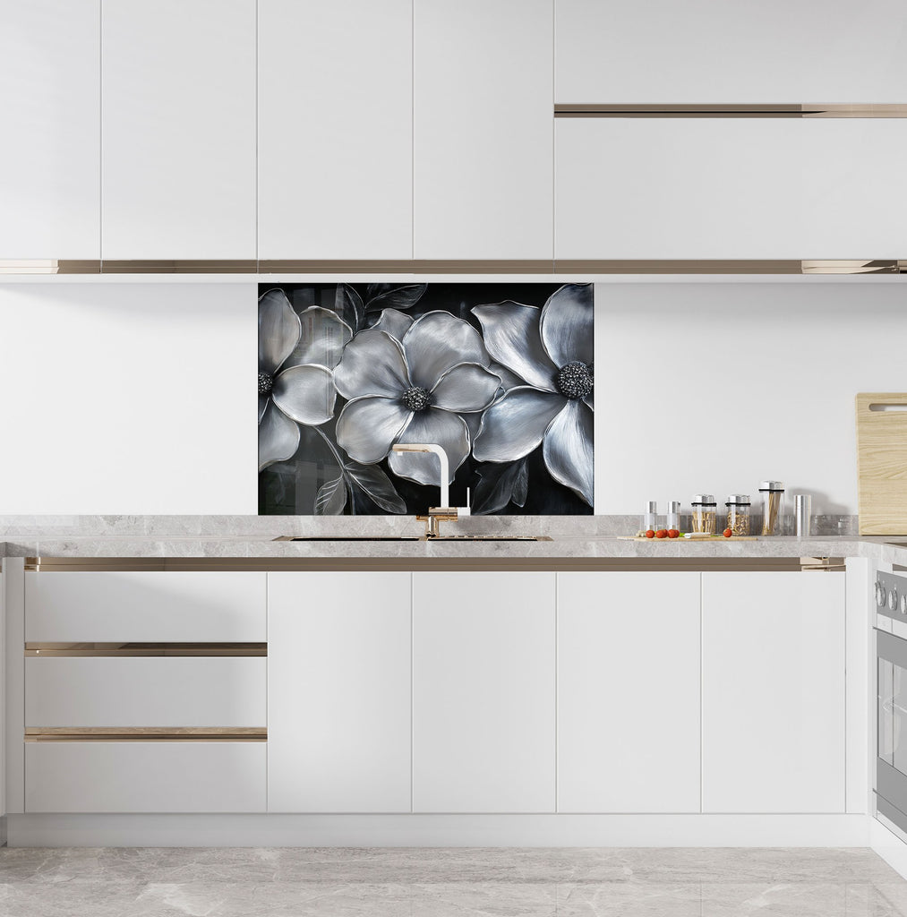 Silver flower kitchen backsplash artistic textured glass wall art panel for modern and luxury interior designs

