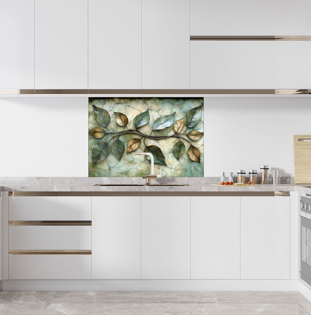 Artistic leaf branch backsplash glass panel, blending natural tones and luxury for a sophisticated kitchen environment.

