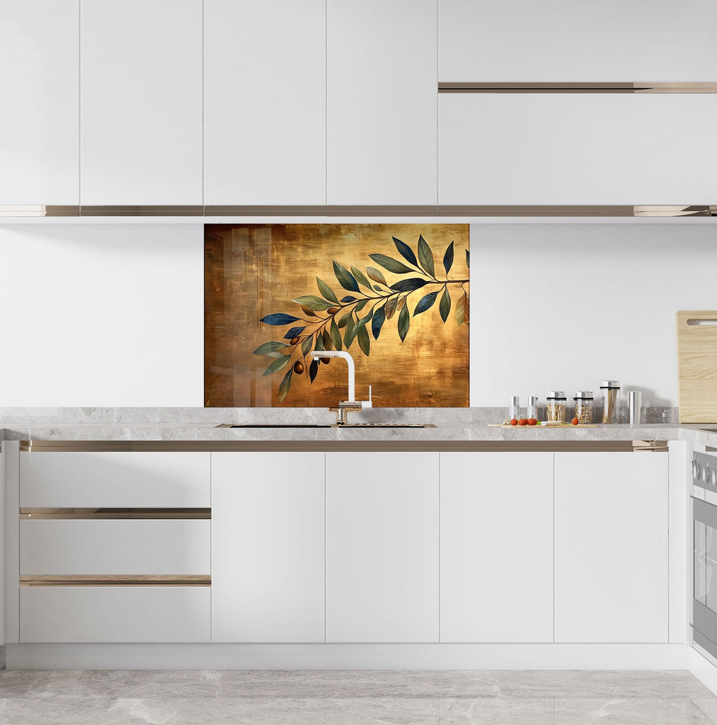 Elegant olive leaf and branch design on gold textured glass wall art backsplash enhancing sophisticated kitchens

