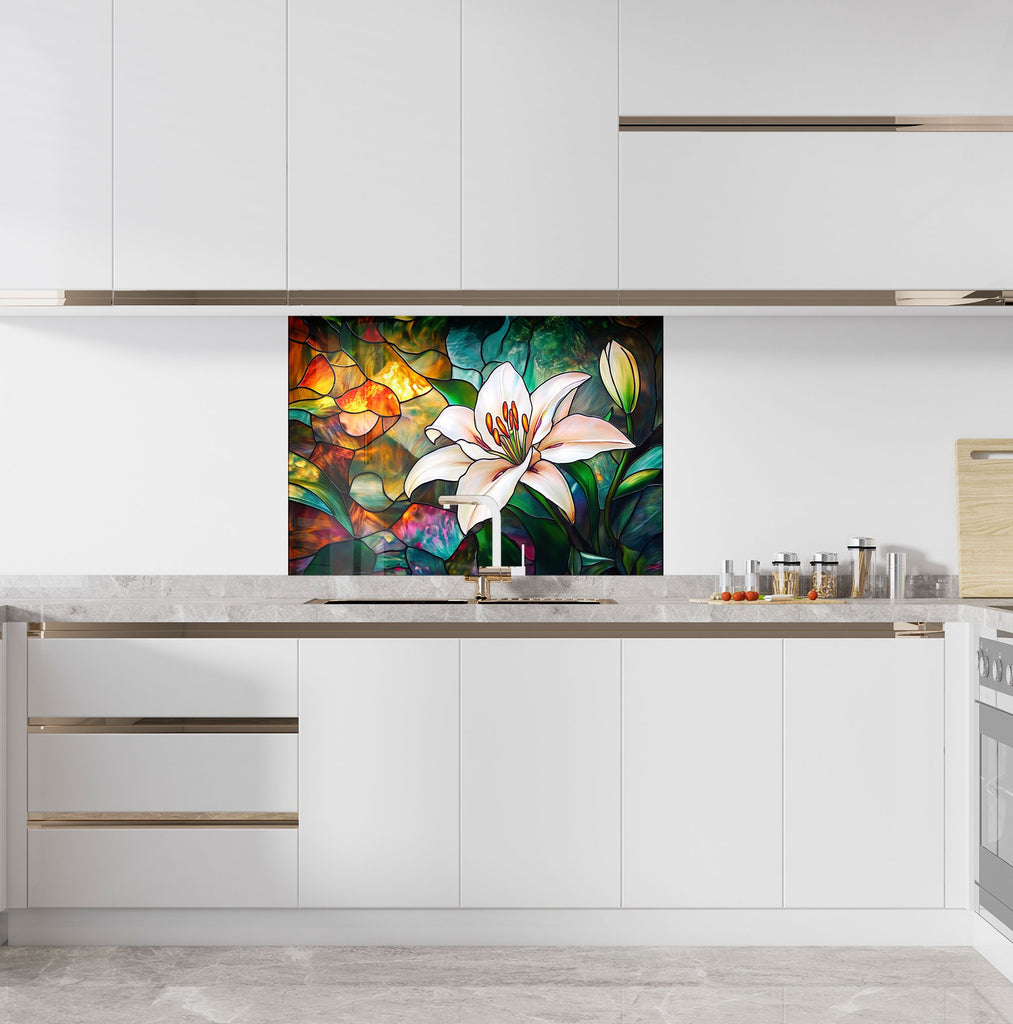 Luxury backsplash glass art panel with a radiant lily flower in multicolored stained glass style, designed for elegant kitchen spaces.

