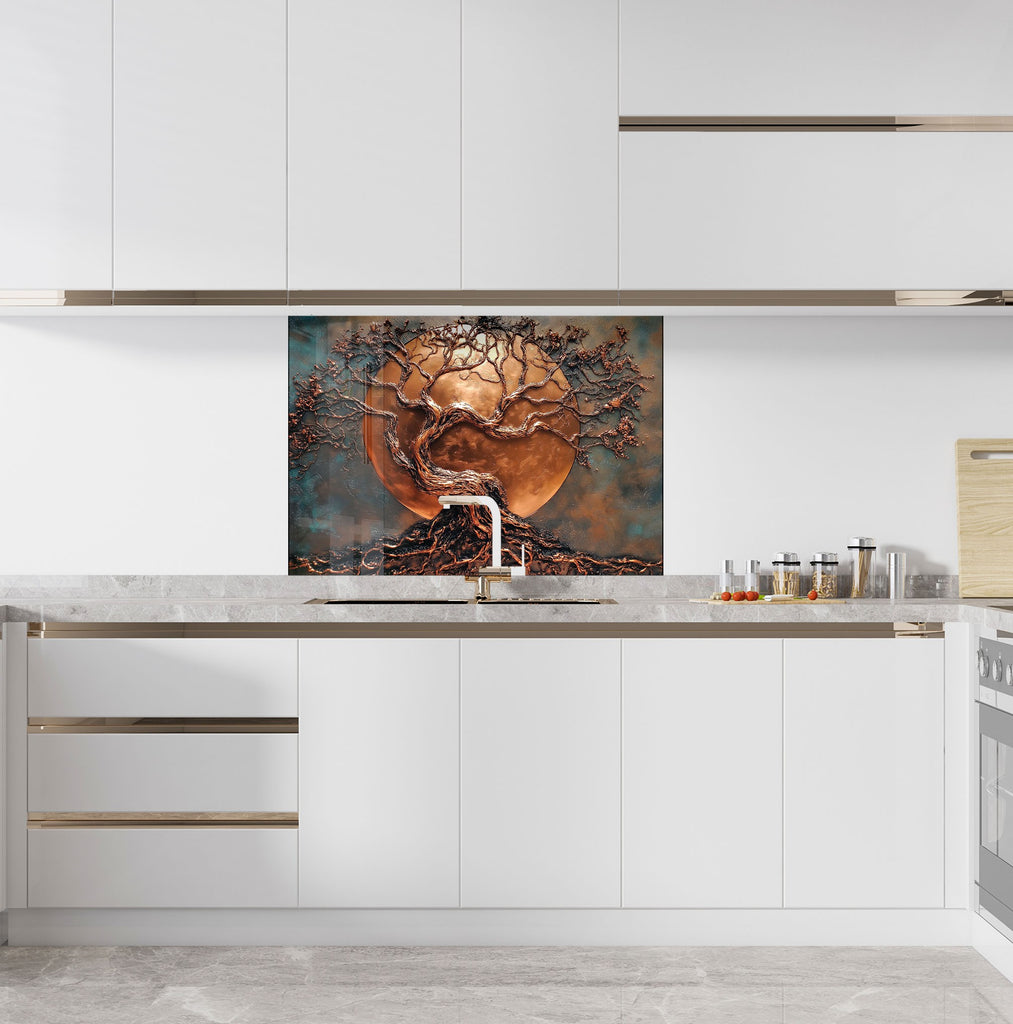 Modern kitchen backsplash featuring copper tree of life with moon background premium textured glass wall panel

