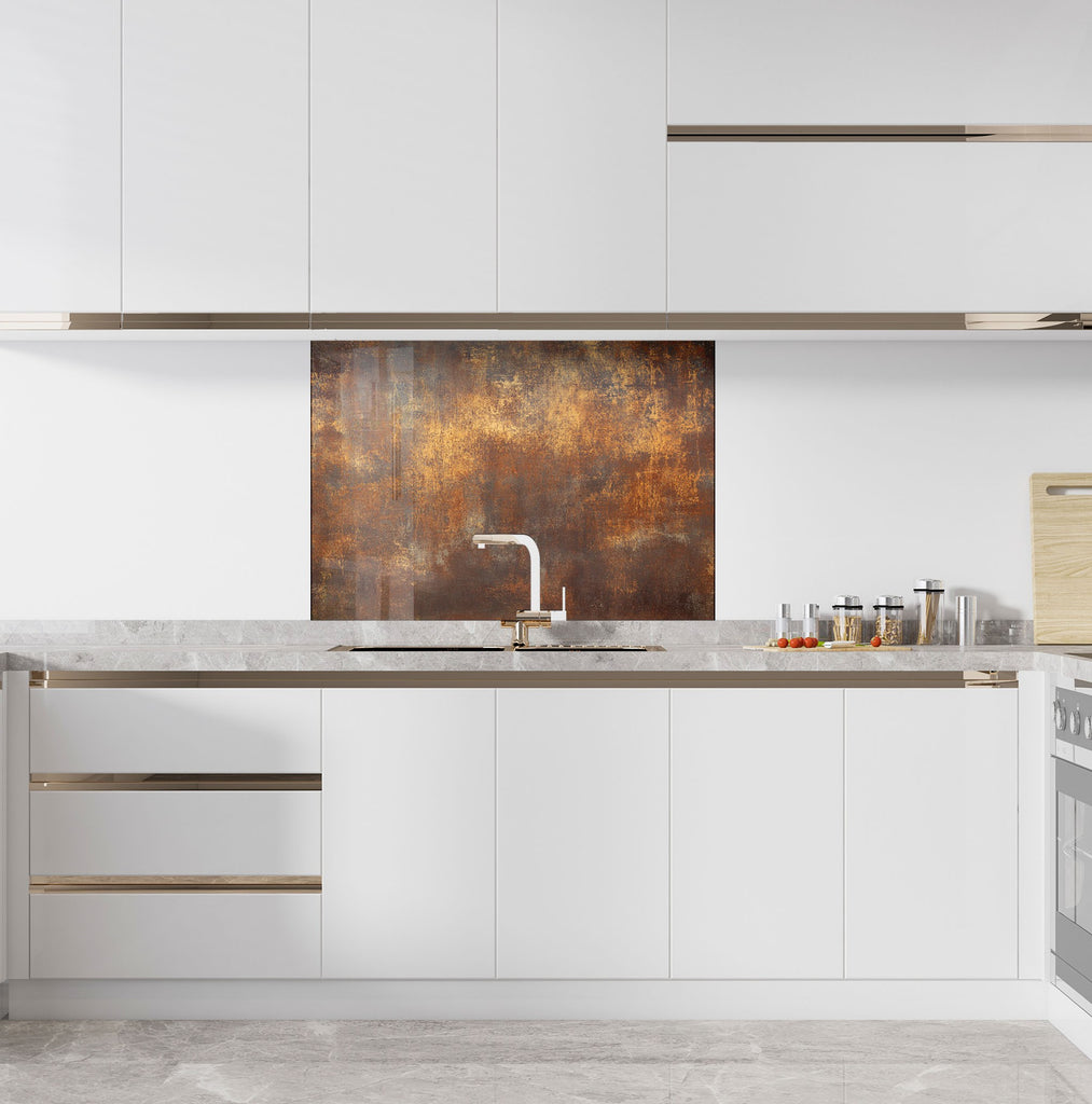 Vintage metal-inspired glass backsplash with raw patina finish for urban kitchen aesthetics.

