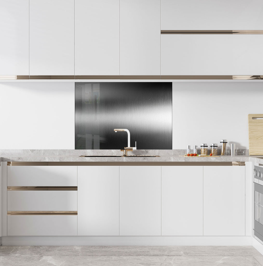Satin finish backsplash glass art featuring refined stainless steel effect for chic kitchens.

