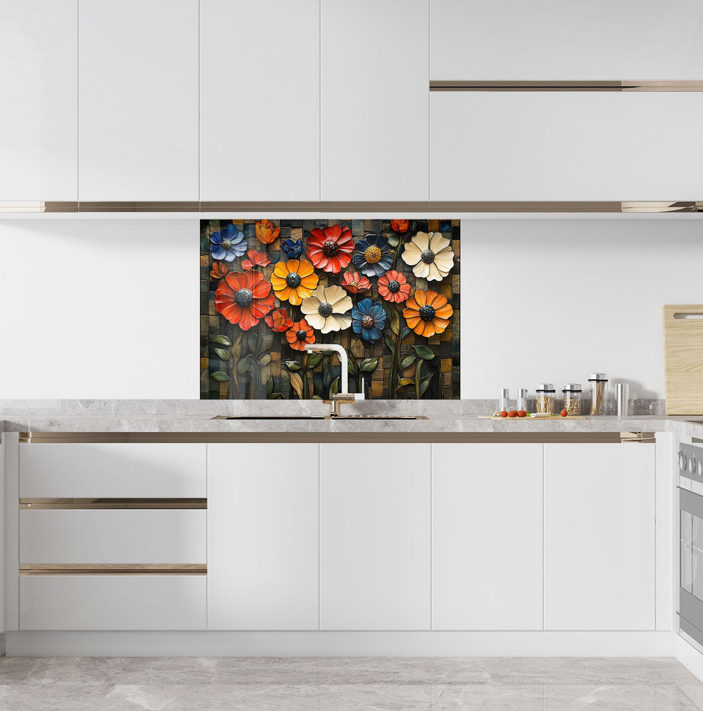 Colorful flower garden backsplash glass art panel – floral kitchen decor in mosaic style

