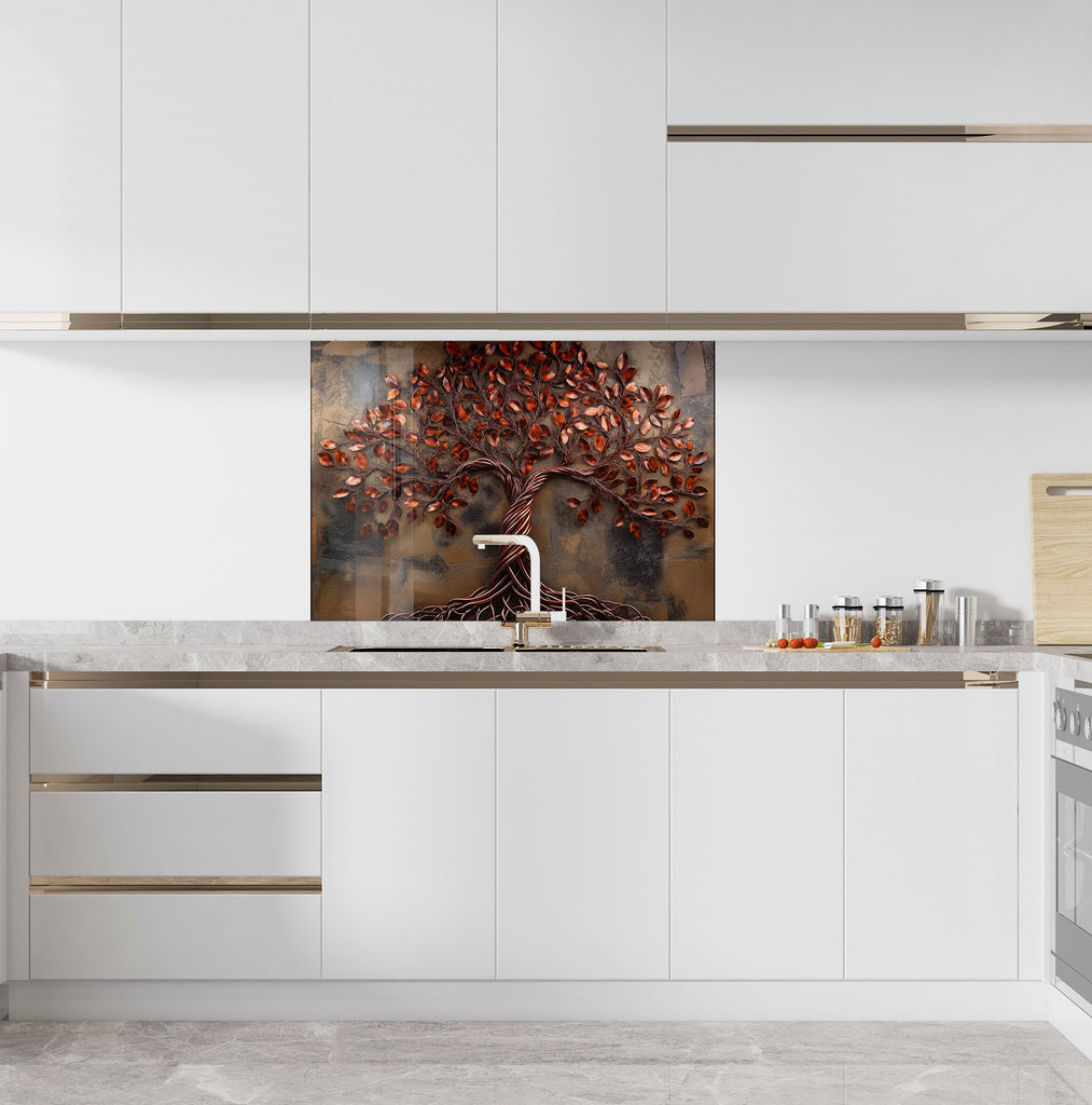 Modern copper tree kitchen backsplash artistic textured glass wall art panel with twisted trunk and vibrant leaves

