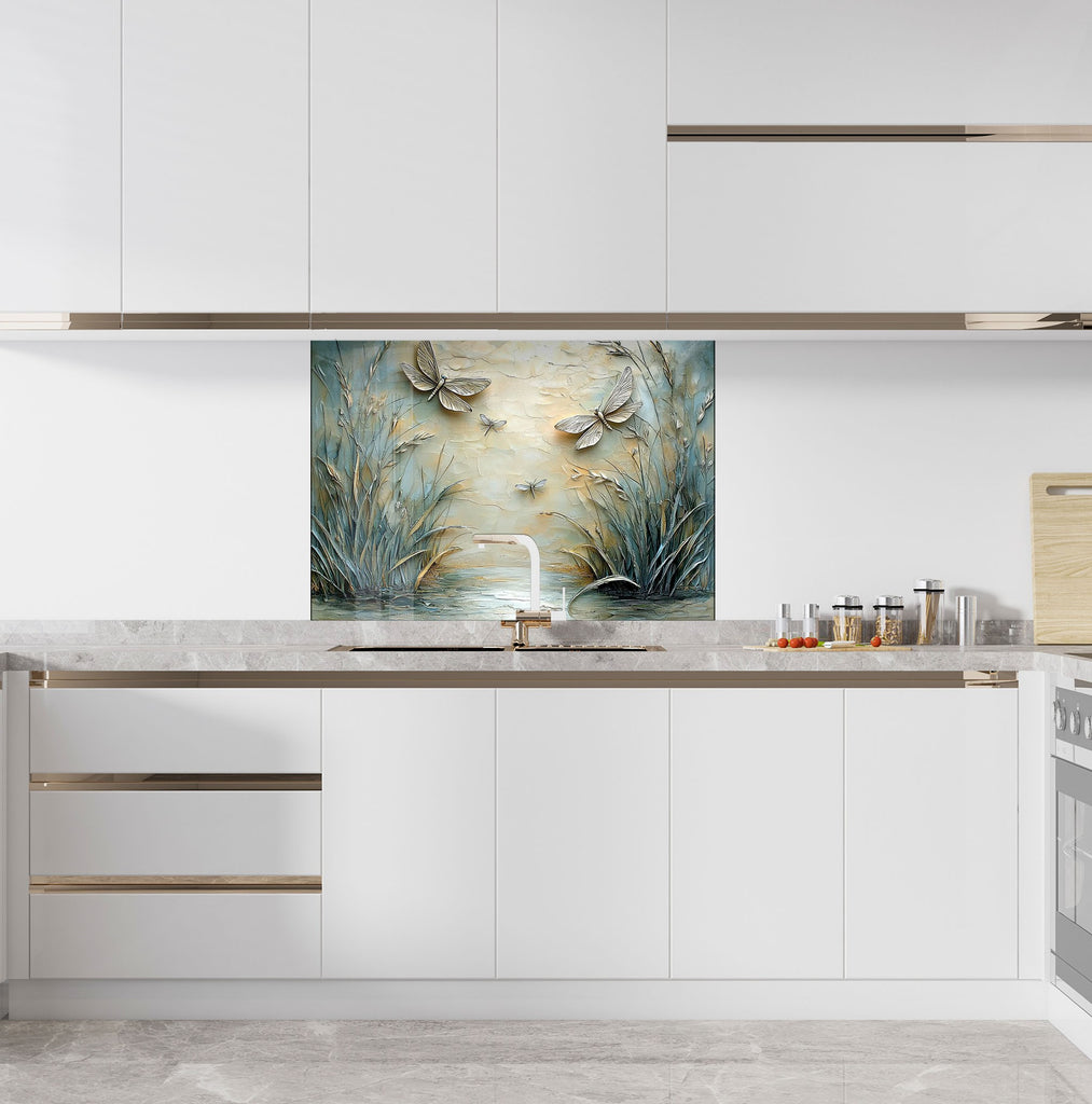 Soothing dragonfly and water garden design on a glass backsplash – a touch of elegance for any kitchen.

