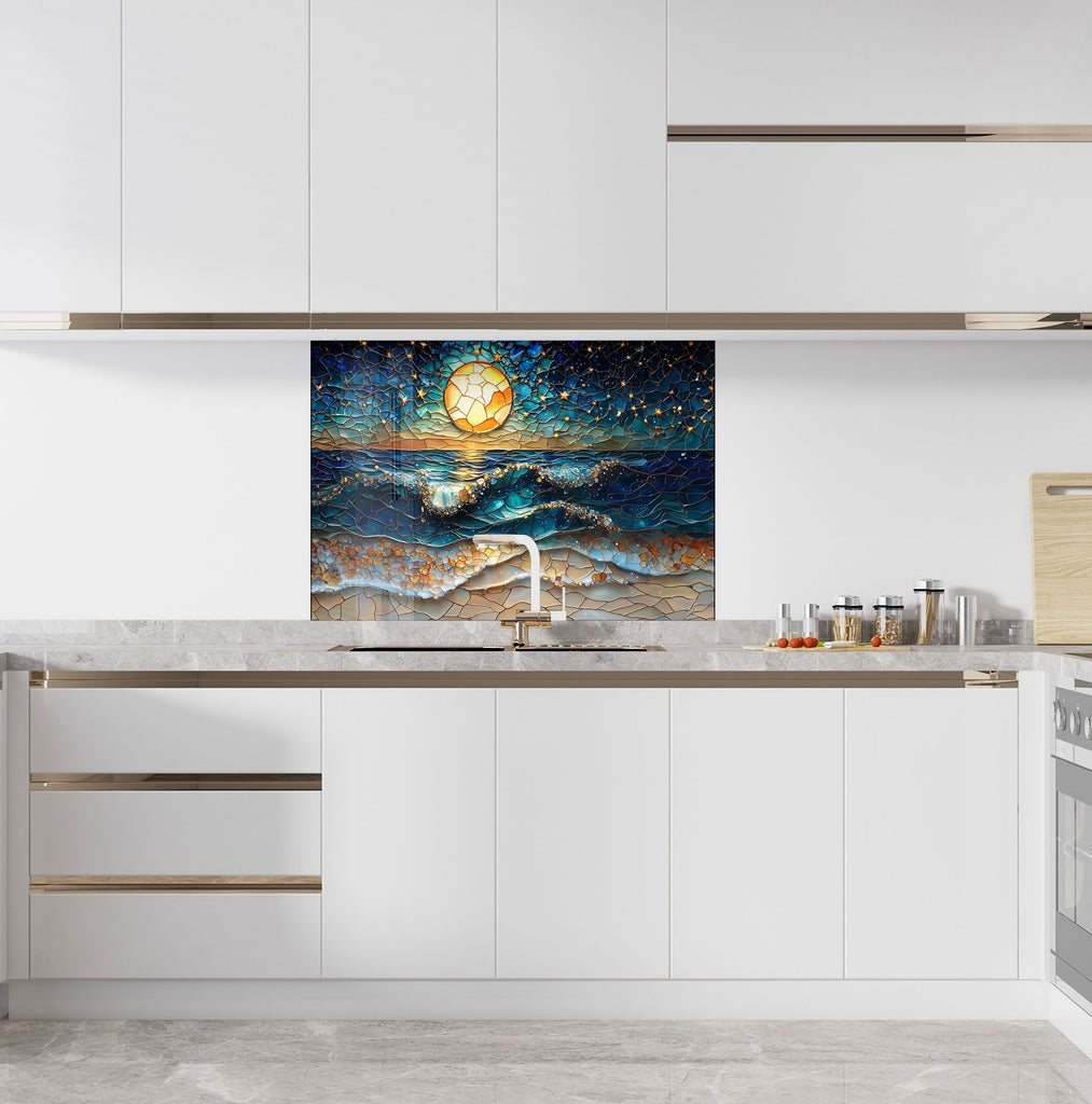 Romantic coastal backsplash art with swirling ocean tides under a glowing night sky.


