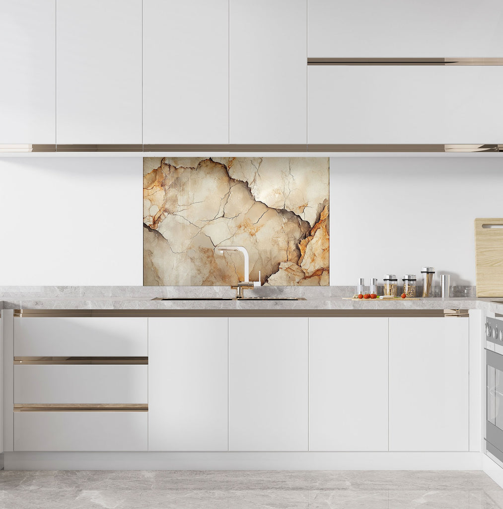 Elegant stone-look glass backsplash in warm neutral hues – blends perfectly with timeless interiors.

