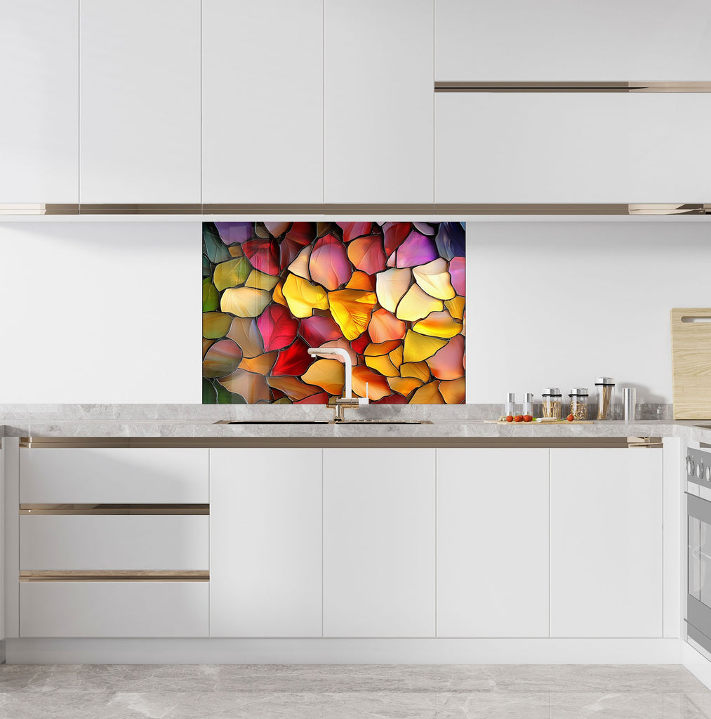Fiery floral glass mosaic – artistic kitchen backsplash decor.

