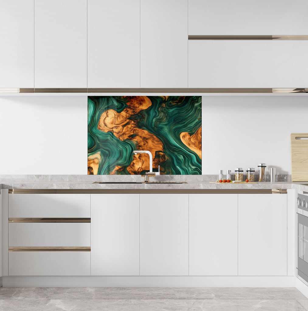Elegant kitchen backsplash with emerald and gold abstract design textured artistic backsplash glass art perfect for stylish homes


