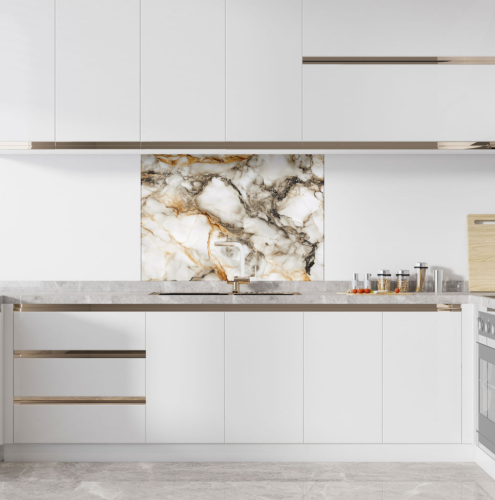 Backsplash glass art with realistic marble texture golden and white veined design perfect for luxury kitchen renovations

