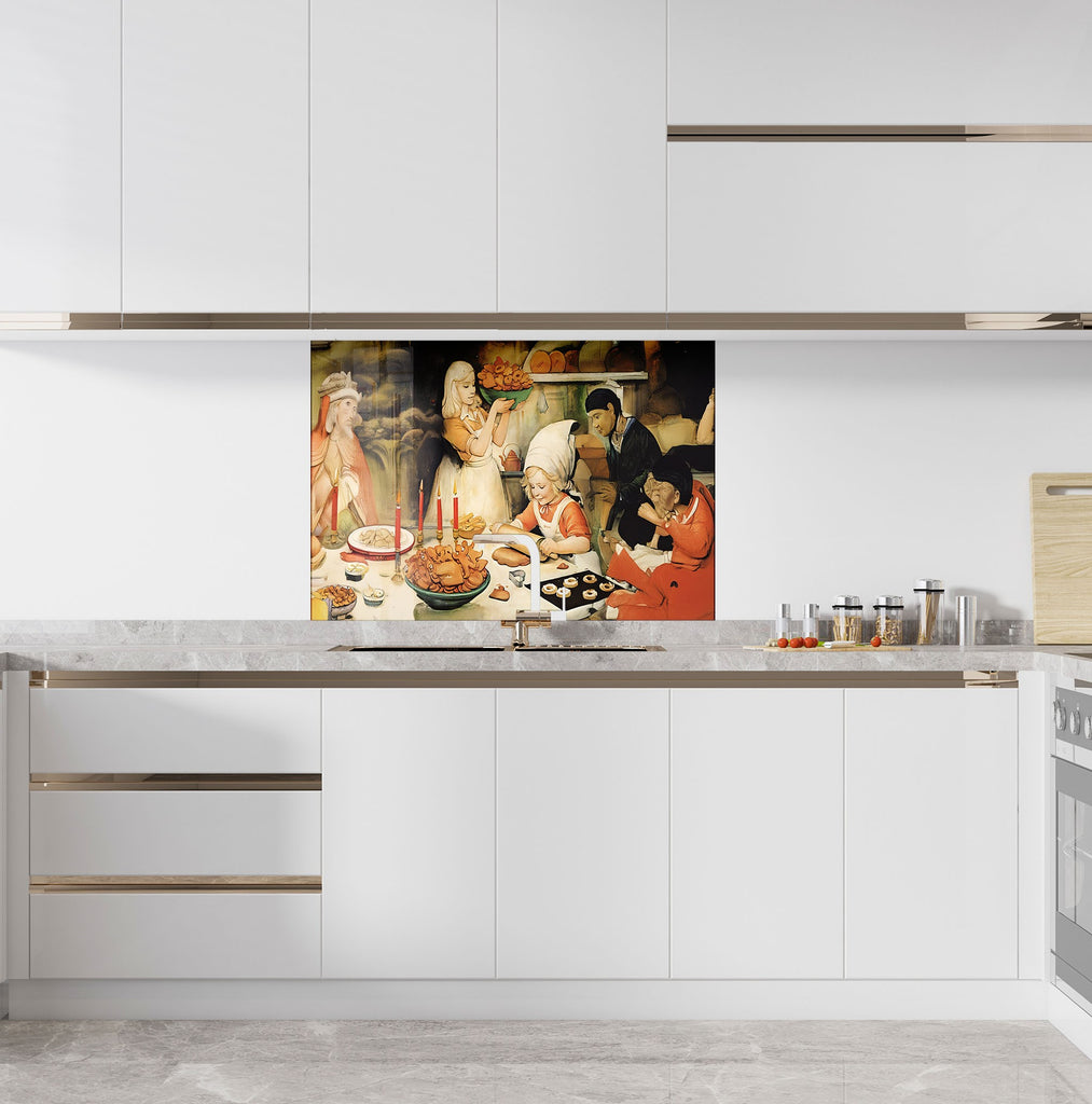 Vintage-style family baking illustration on durable glass kitchen backsplash.

