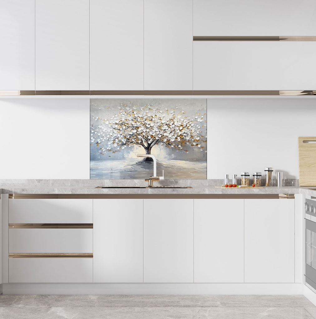 Luxury tree art glass backsplash with gold and white leaves – perfect for serene kitchen aesthetics.

