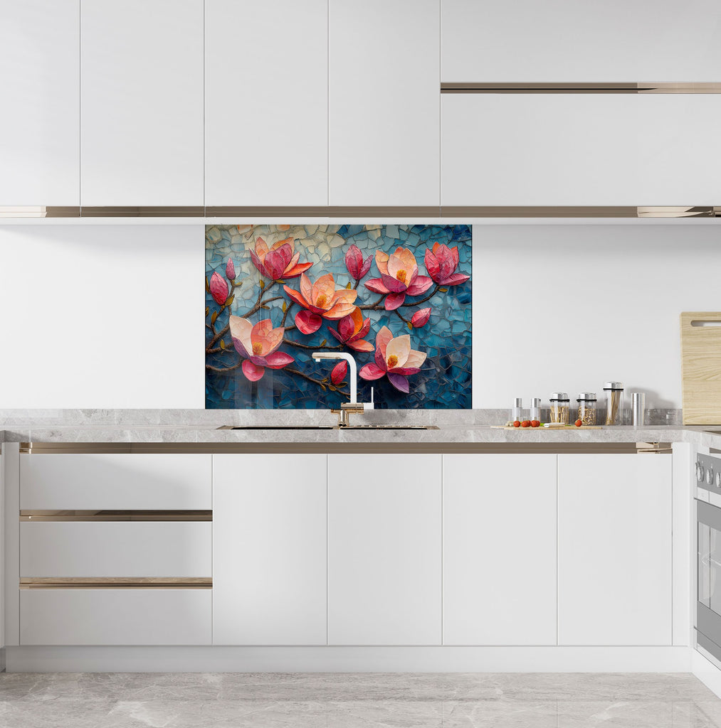 Magnolia Mosaic Art - Glass Kitchen Backsplash-BacksplashArtworks