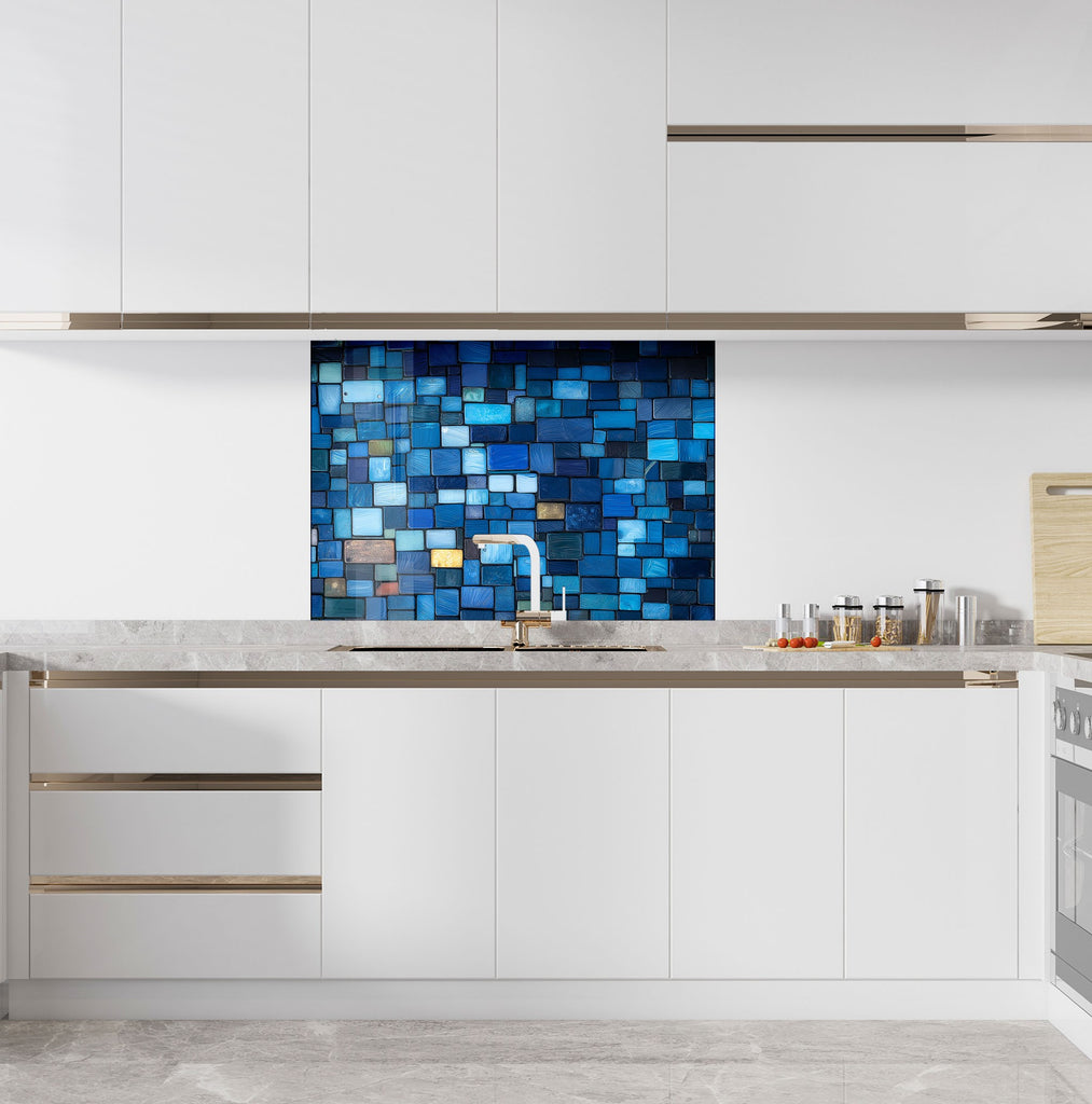 Modern kitchen backsplash with artistic blue mosaic tile pattern premium textured backsplash glass art for luxury interiors

