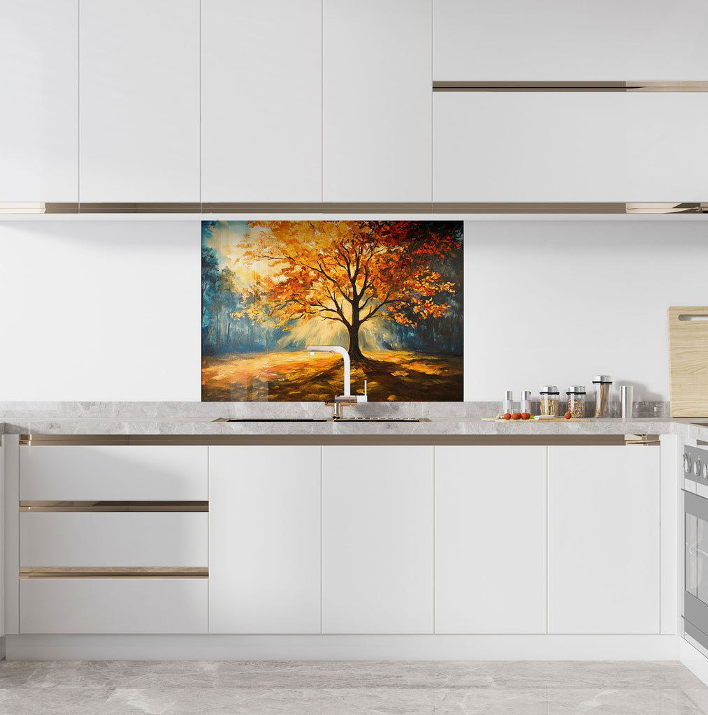 Vibrant sunrise tree backsplash glass panel, adding artistic energy to modern kitchen designs.

