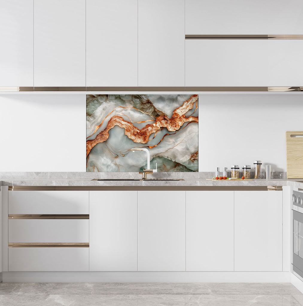 High-end kitchen backsplash – abstract marble and metallic streaks.

