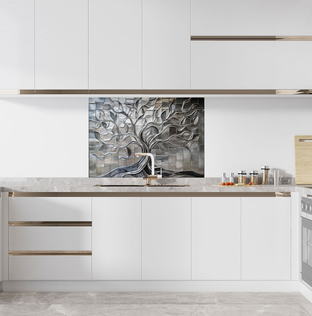 Luxury kitchen backsplash featuring metallic silver tree of life design premium textured glass wall panel

