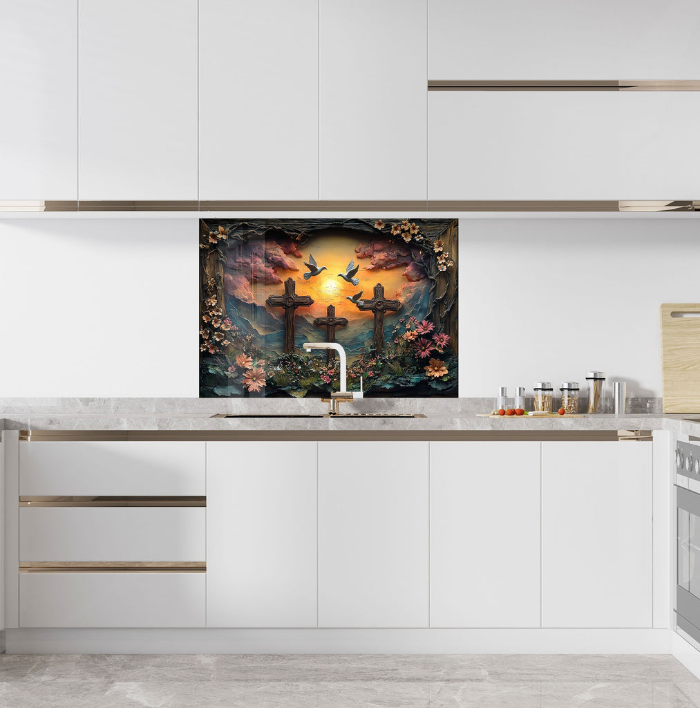 Faithful Sunrise - Three Crosses Glass Kitchen Backsplash-BacksplashArtworks