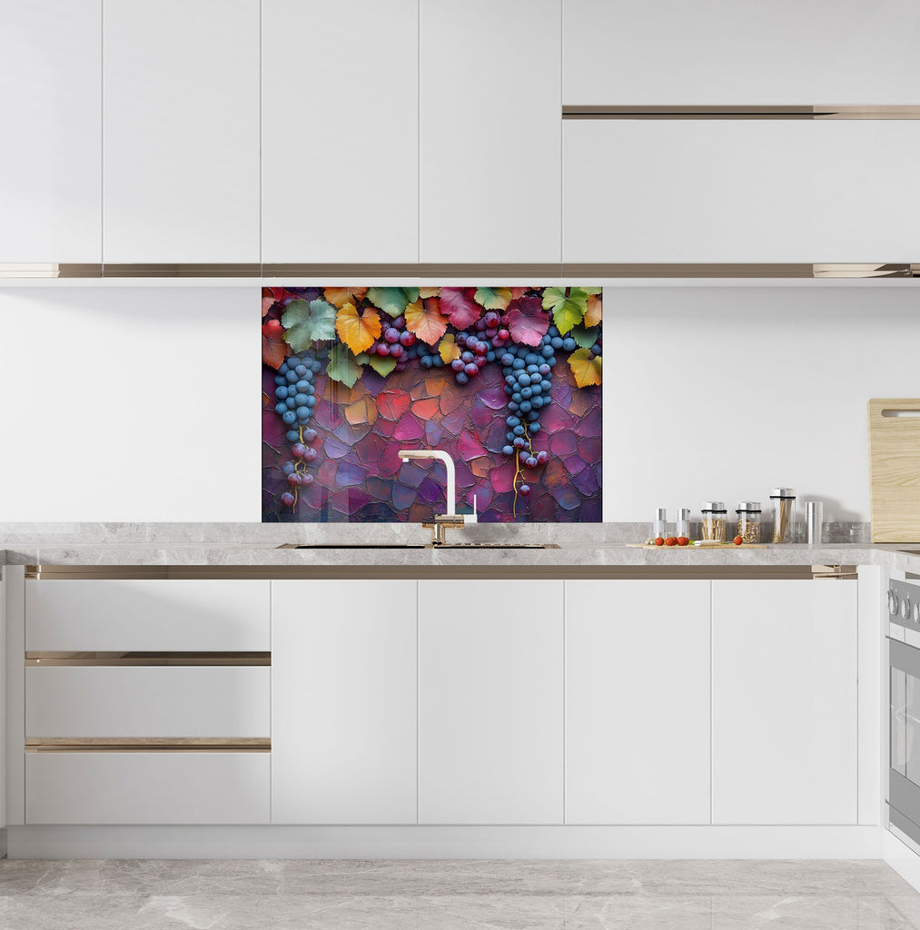 Rustic Grape Vine Glass Kitchen Backsplash – Colorful Vineyard Harvest-BacksplashArtworks