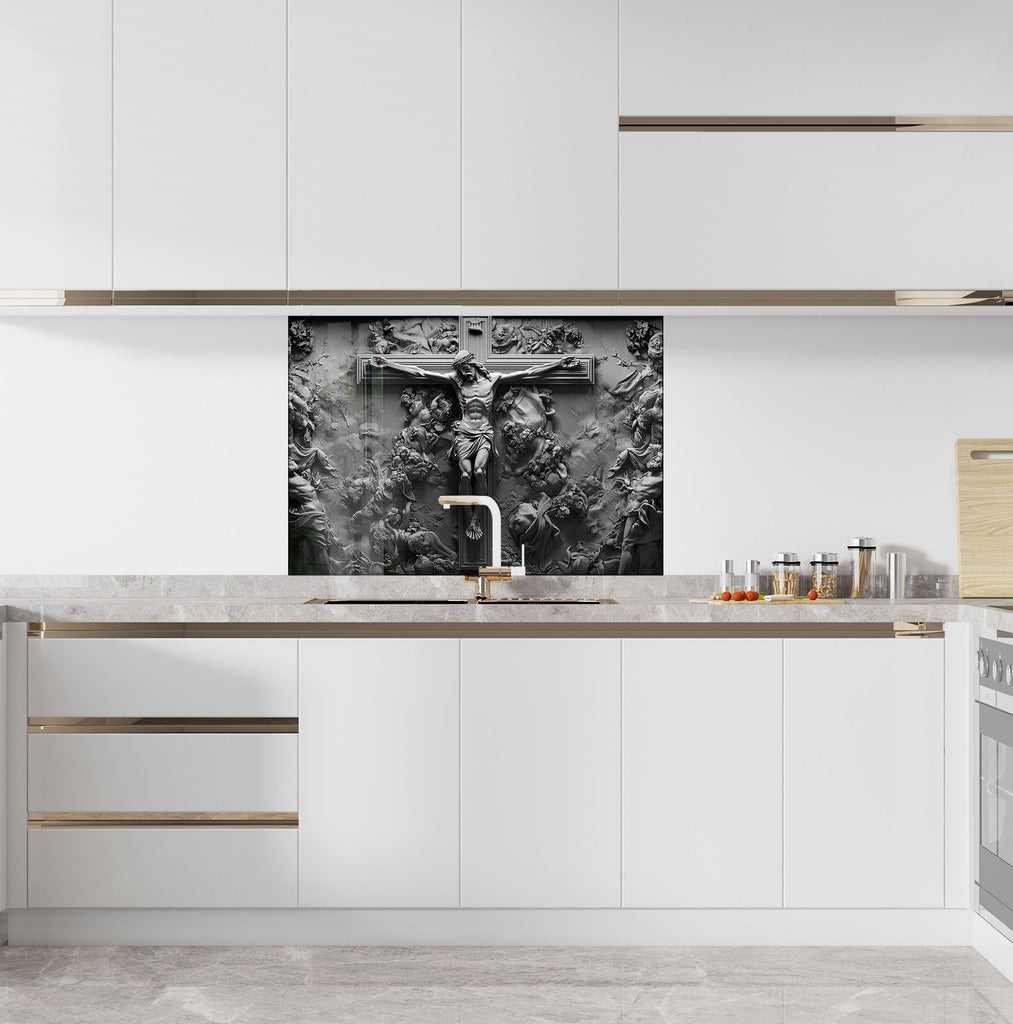 Elegant religious backsplash glass artwork with dramatic crucifixion design, crafted for sophisticated and spiritual spaces.


