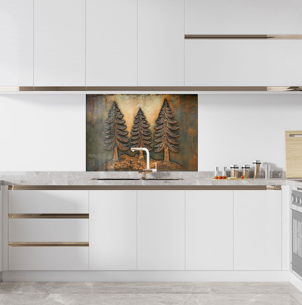 Mountain kitchen backsplash featuring embossed pine trees rustic textured backsplash glass art ideal for luxury cabin renovations

