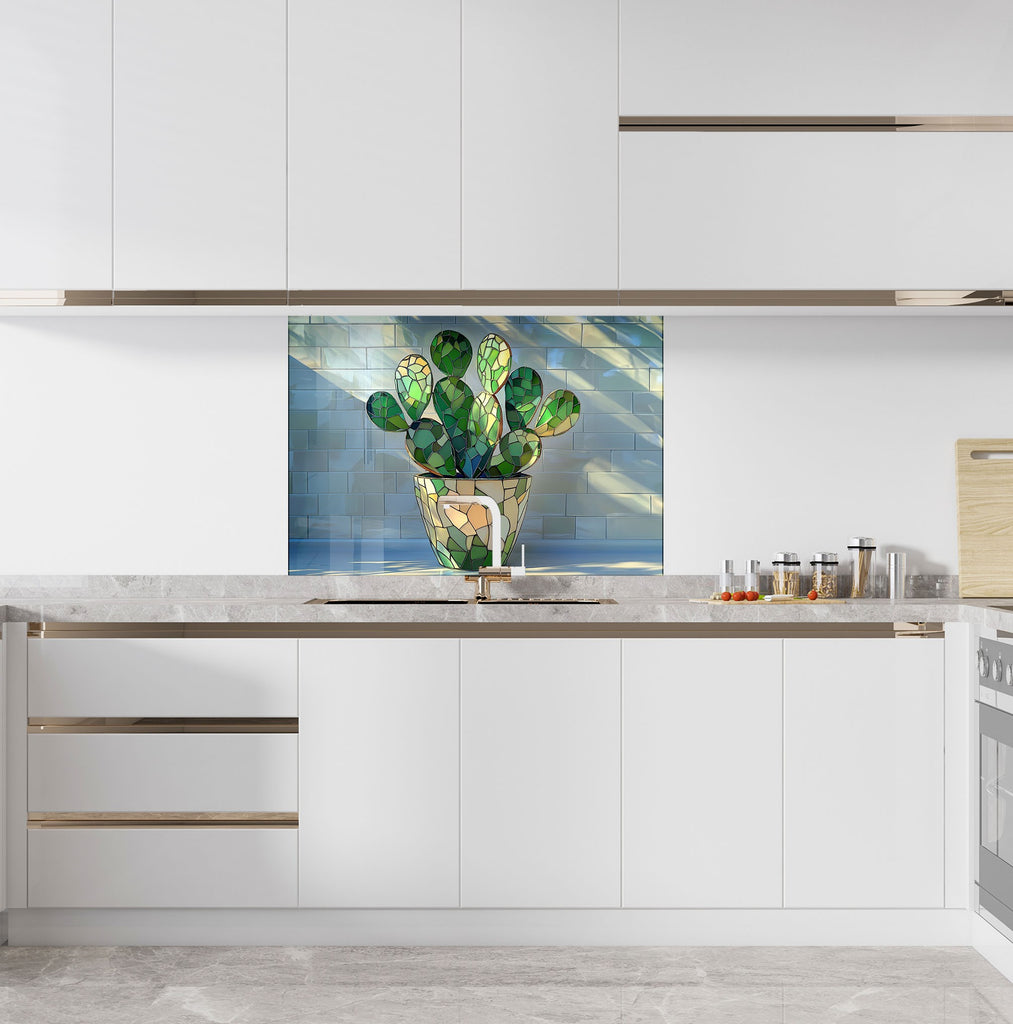 Stylish cactus design backsplash glass, ideal for modern rustic and eclectic kitchens.

