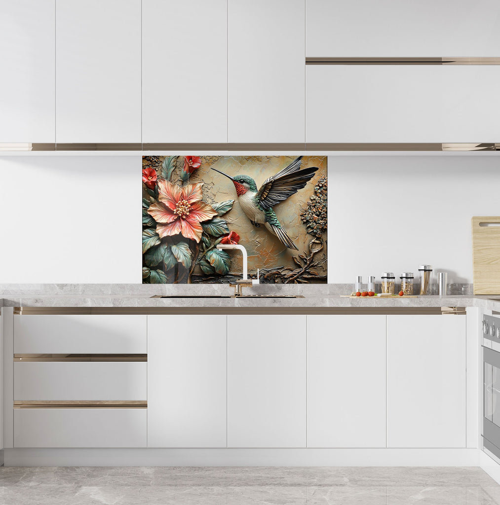 Graceful hummingbird and botanical art – artistic kitchen glass backsplash.

