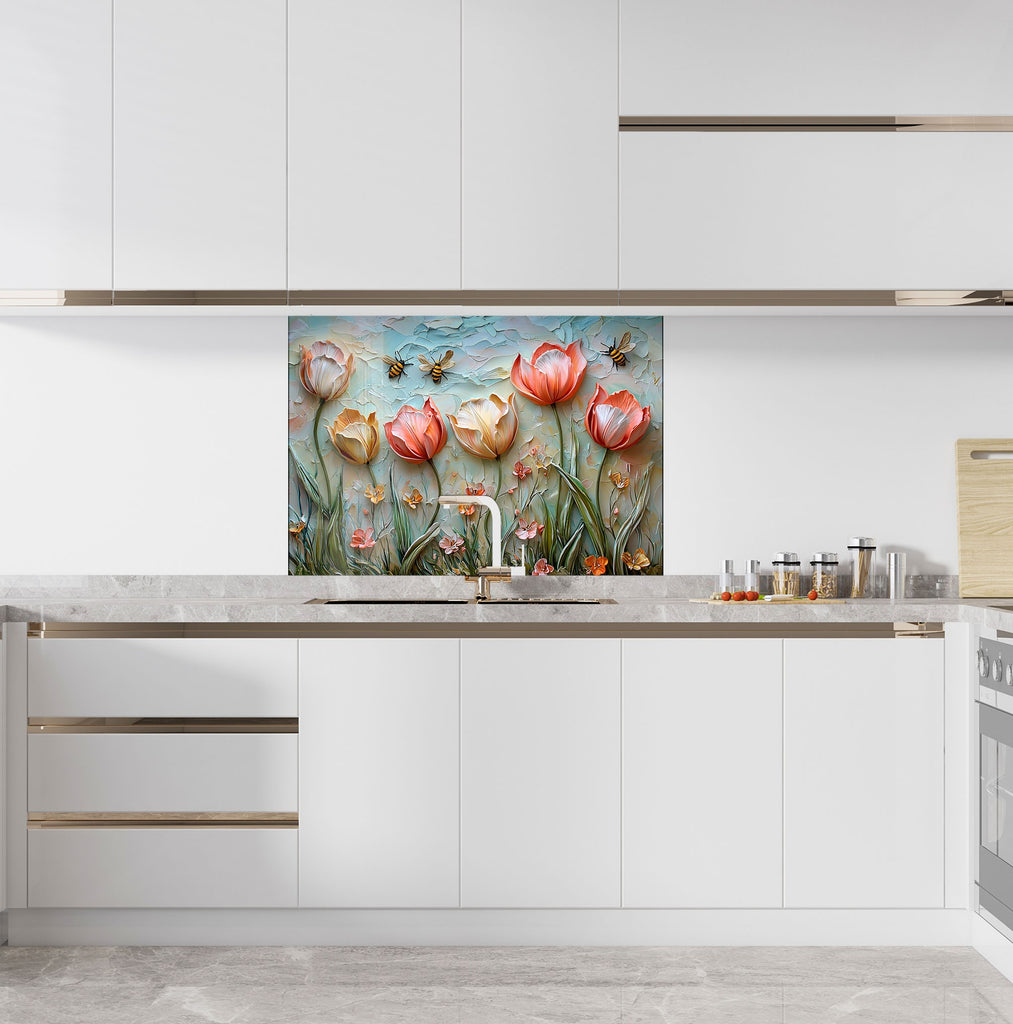 Charming garden of tulips and flying bees – decorative glass backsplash for a joyful kitchen vibe.

