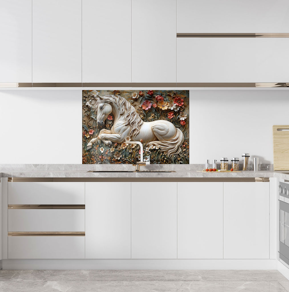 Nature-inspired horse and flower scene – luxury glass kitchen backsplash.

