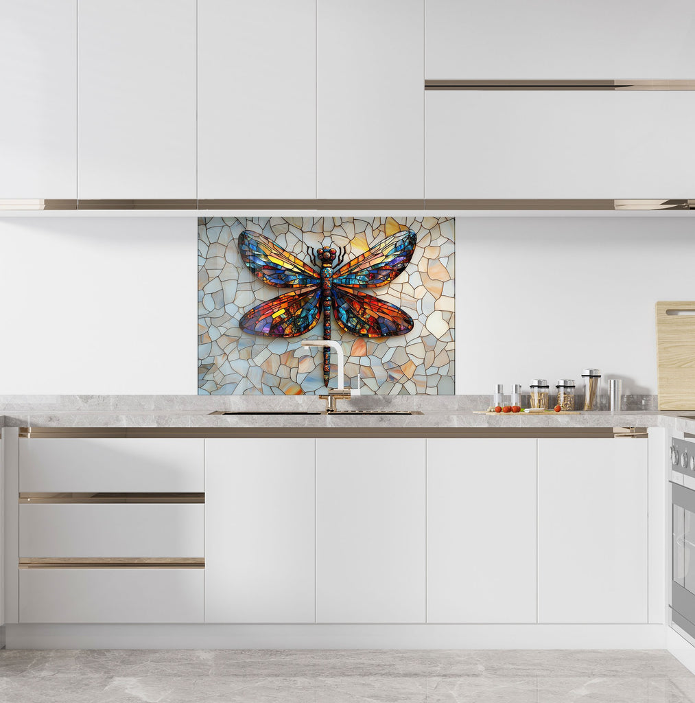 Nature-themed backsplash glass with colorful dragonfly, perfect for fresh and dynamic kitchens.

