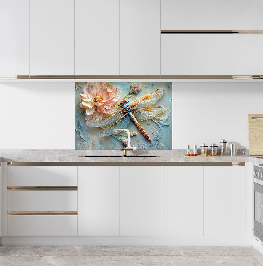 Pastel blue dragonfly and floral scene – stylish glass backsplash artwork.

