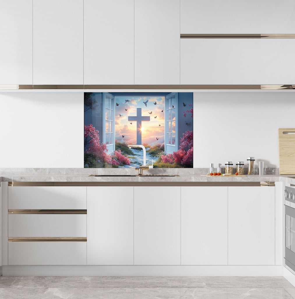 Heaven's Light - Cross & Sunrise Glass Kitchen Backsplash-BacksplashArtworks