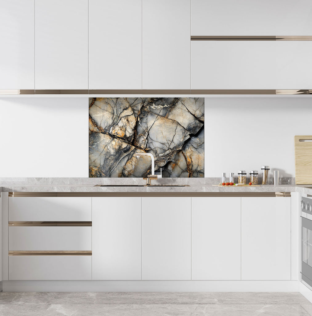 High end marble look kitchen backsplash glass art with abstract stone veining gray and gold tones

