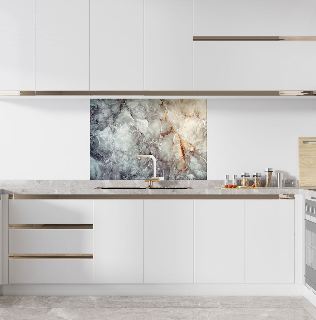 Chic kitchen design upgrade with cloudy white marble glass art and subtle warm veins.


