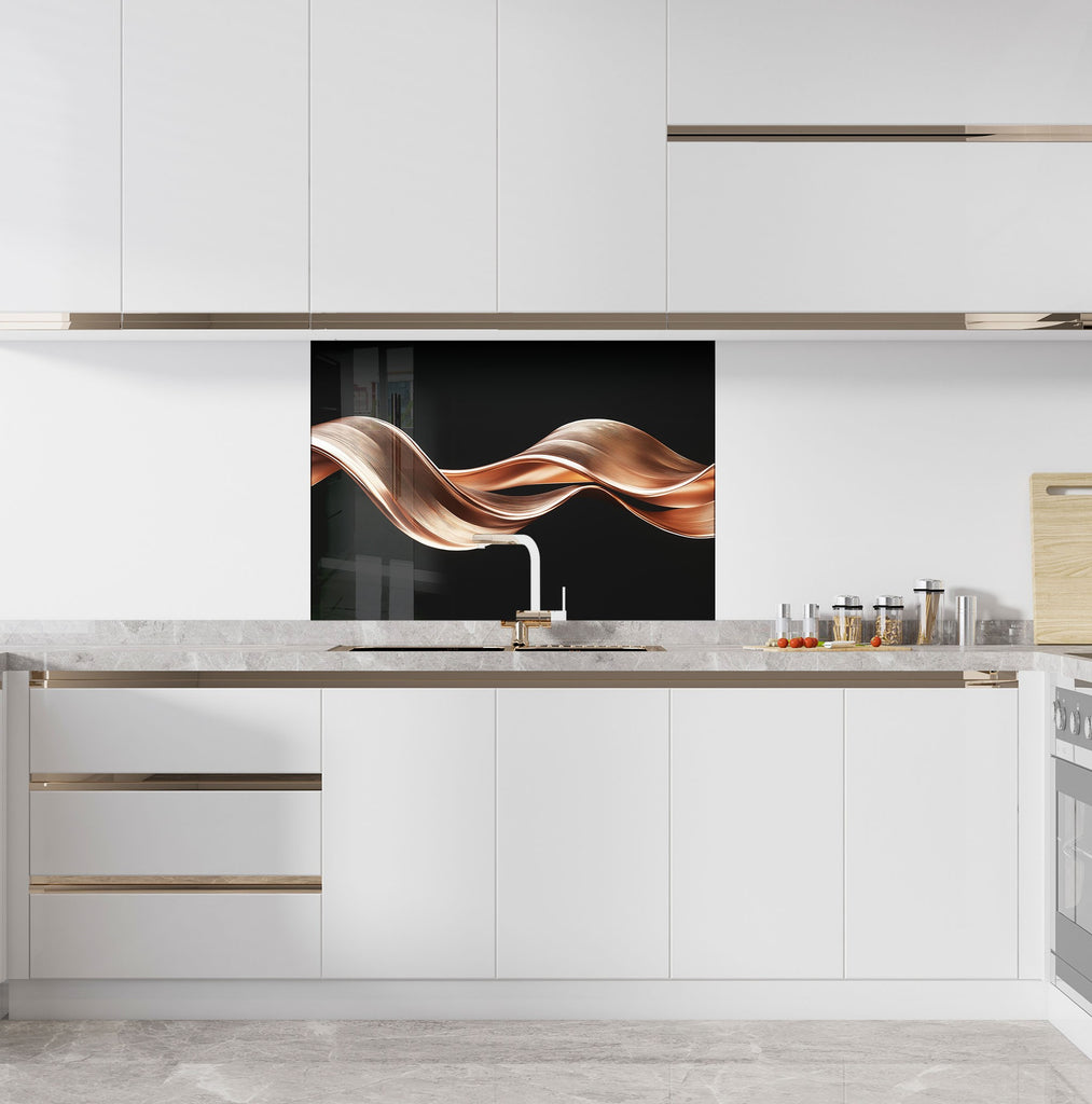 Contemporary kitchen backsplash featuring abstract copper flow design premium textured backsplash glass art ideal for modern homes

