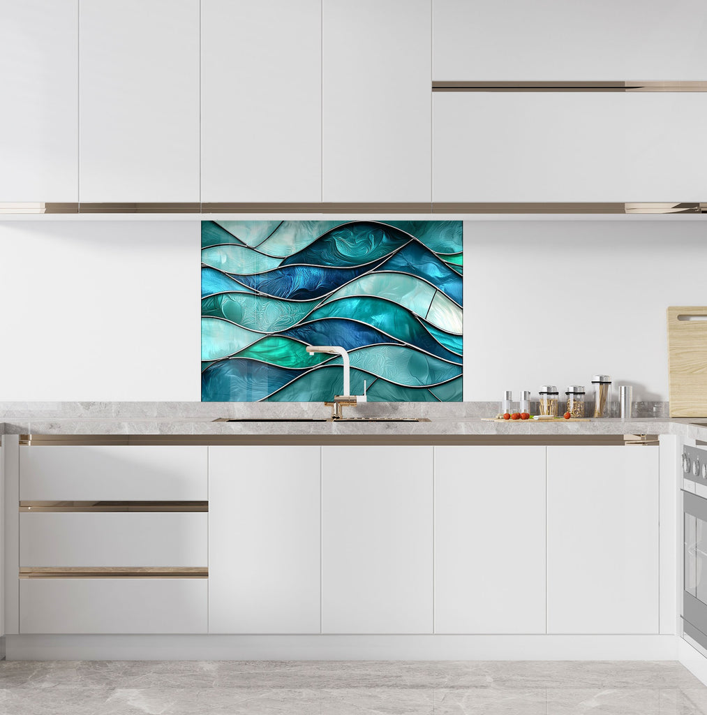 Modern kitchen backsplash featuring flowing blue ocean waves design premium textured backsplash glass art for stylish homes

