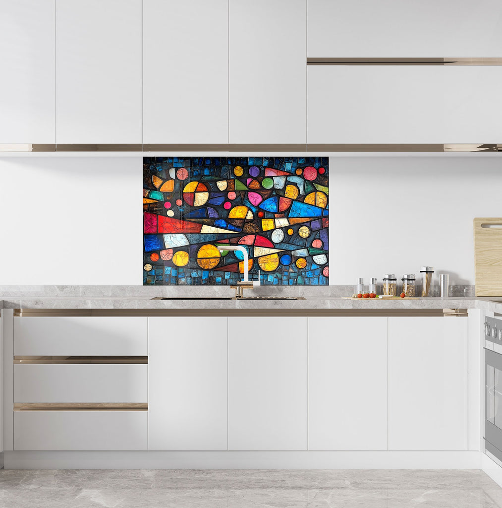 Abstract glass mosaic backsplash multicolored artistic wall panel enhancing contemporary kitchen spaces

